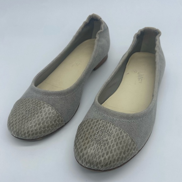 CHANEL CC Gray Flats Ballerinas Canvas and Snake Cap Toe Shoes Sz 38 - Picture 1 of 8